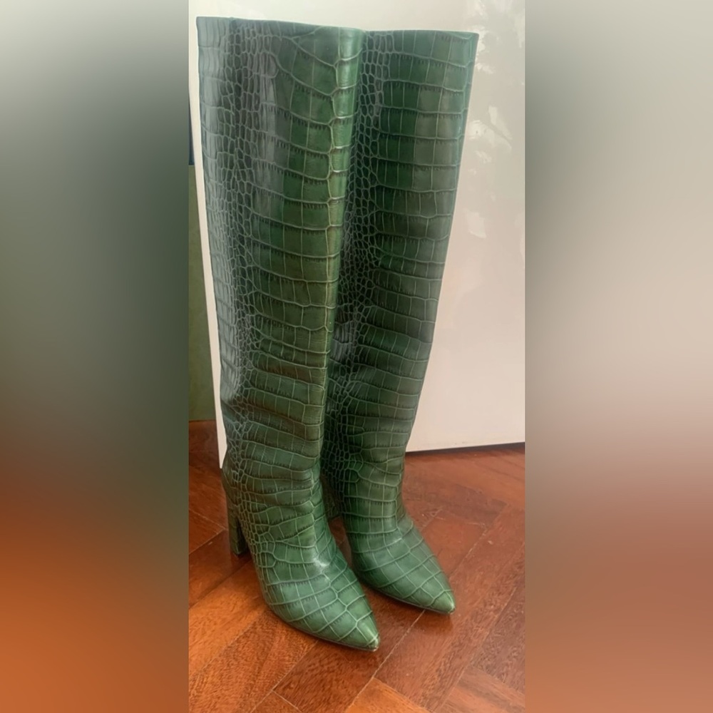 Paris Texas green croc knee high boots